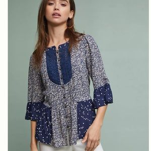 Anthropologie Maeve Hiver Blue 3/4 Sleeve Boho Peasant Blouse Size 6